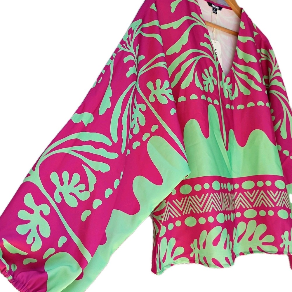 Ador Womens XL Puffy Sleeve Tunic Blouse Green Pink Tropical Beach Festival Chic